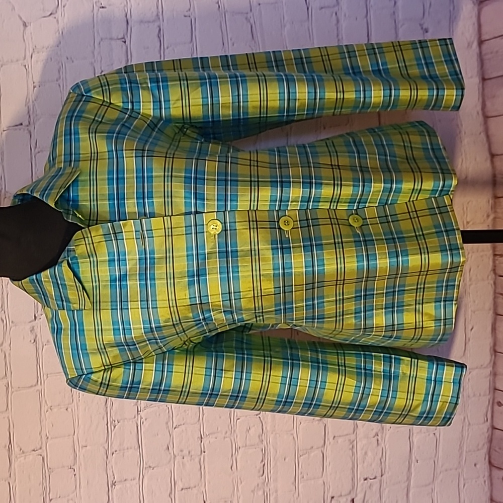 Blue Green Plaid Silk Size 12P Button Front Preppy Vintage Classic Blazer Jacket